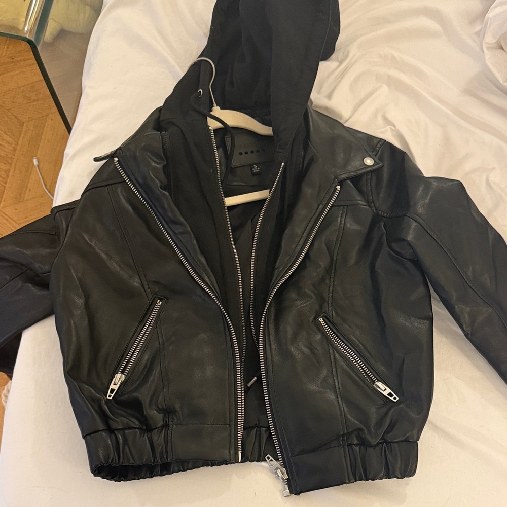 Faux Black Leather Jacket with Hoodie BLANKNYC